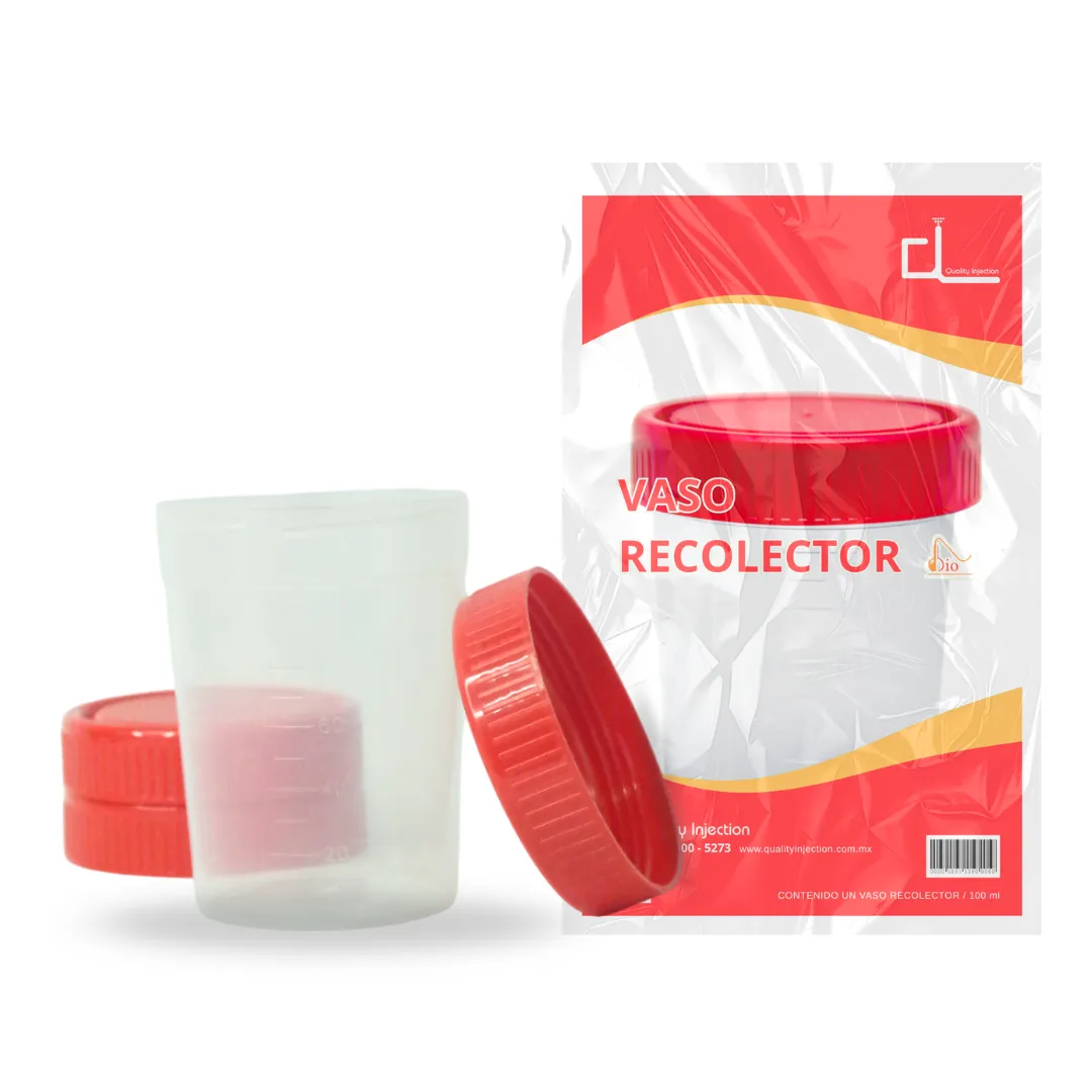 Vaso Recolector de Orina - Vaso recolector de polipropileno
clarificado (PP) con tapa de
rosca en color rojo.
Capacidad de 100 ml, con un
diámetro de 48 mm y un peso de 11 g.